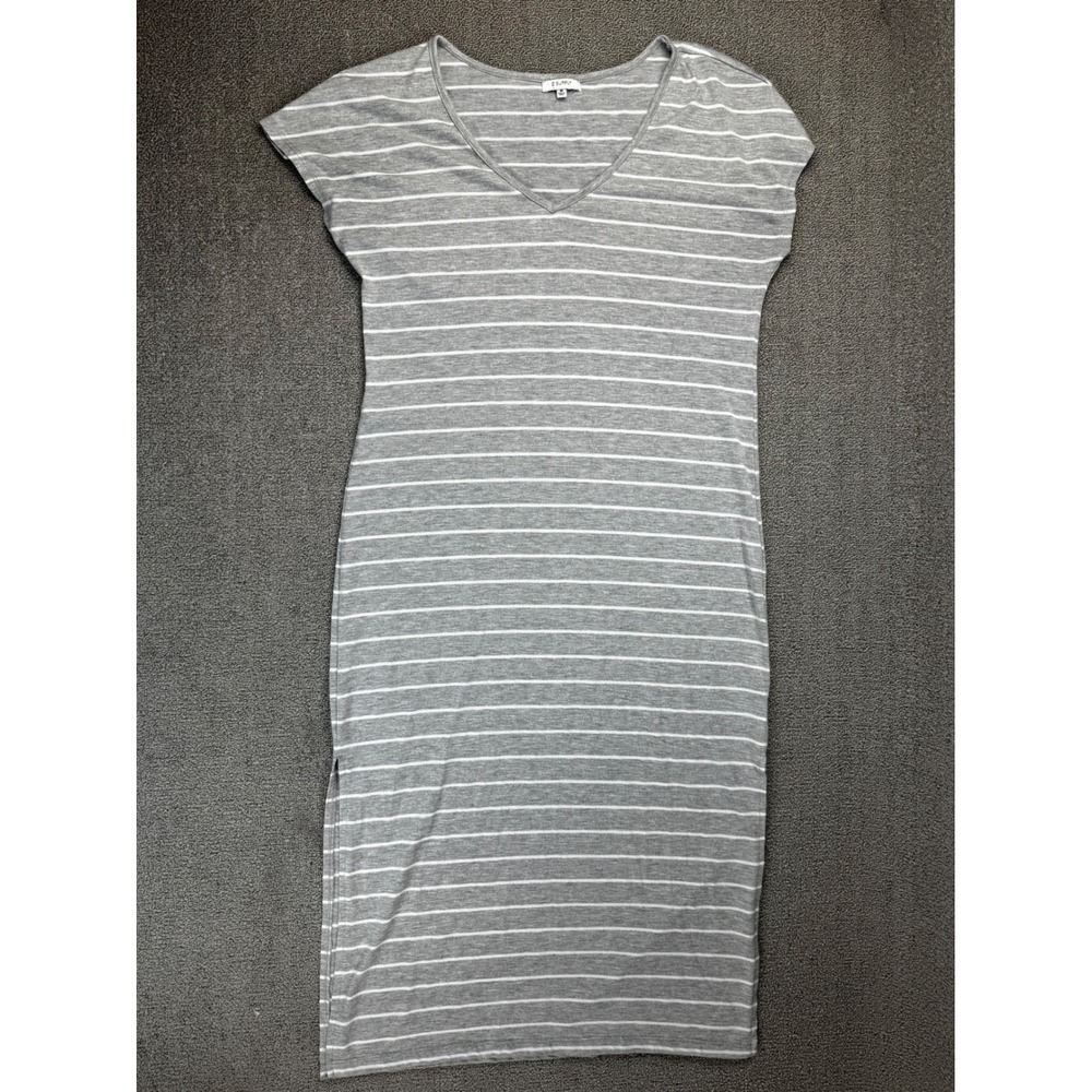 Z Supply T-Shirt Dress Womens Medium Grey White Striped Midi Casual Lounge